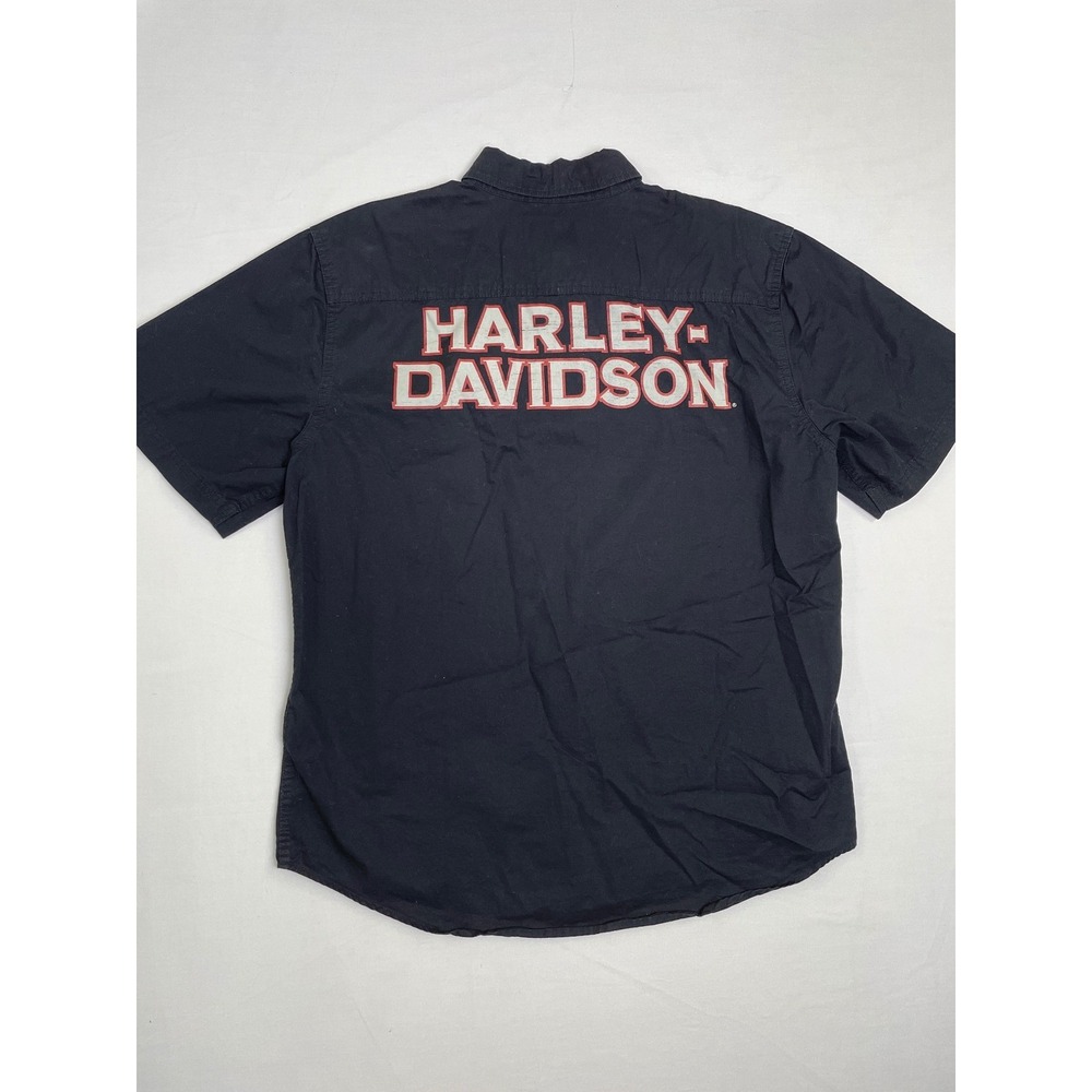 Harley-Davidson Mens Black Short Sleeve Button Up Shirt Graphic Logo Patches L - Picture 9 of 9